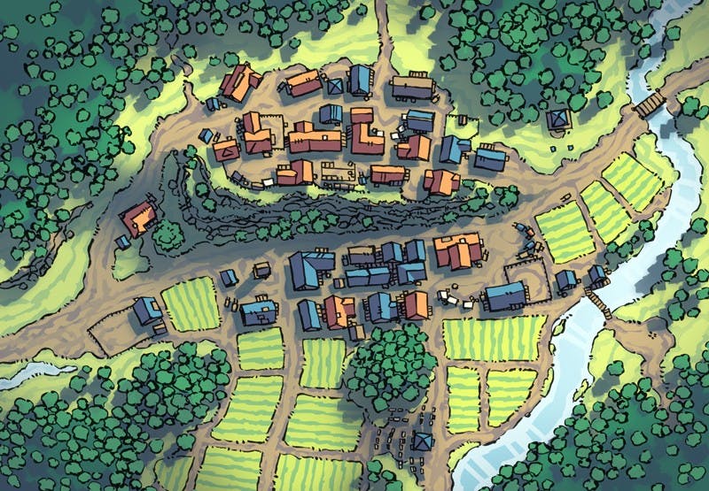 Illustration of fantasy town, village, farm, river by 2minutetabletop
