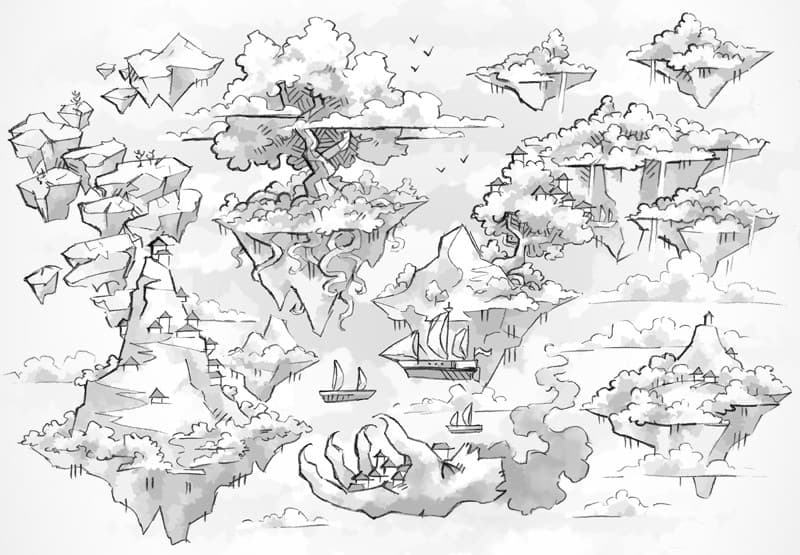 Illustration of fantasy island, airship, claw, tree by 2minutetabletop