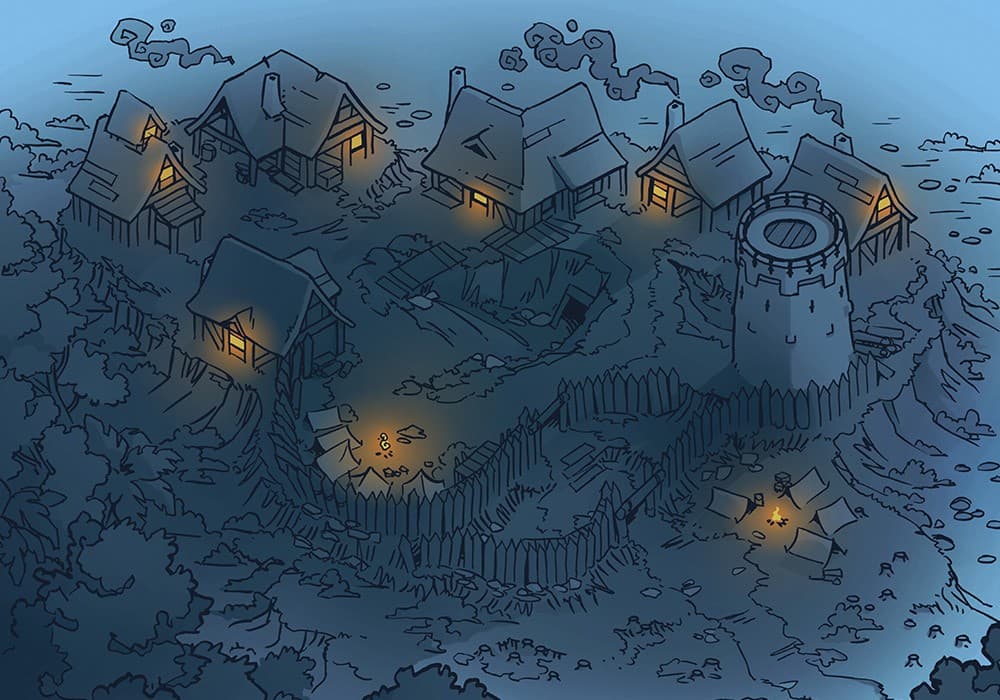 Illustration of fantasy camp, outpost, mine by 2minutetabletop