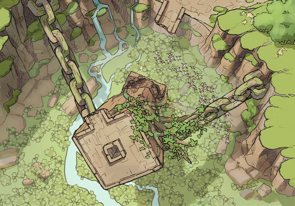 Illustration of fantasy forge, chains, gorge, spire by 2minutetabletop