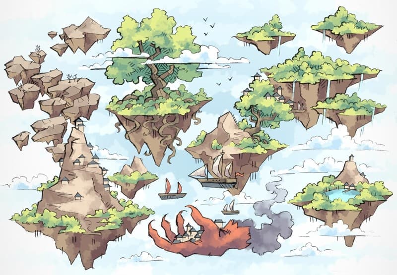 Illustration of fantasy island, airship, claw, tree by 2minutetabletop
